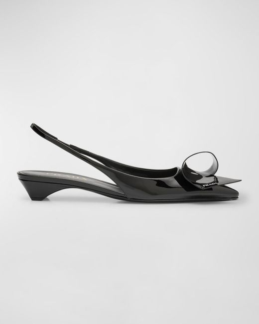 Prada Black Vernice Patent Ribbon Slingback Ballerina Pumps