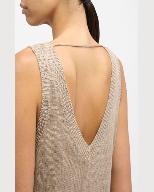 Brunello Cucinelli Natural Linen Silk Diamante Knit Column Dress With Monili Detail