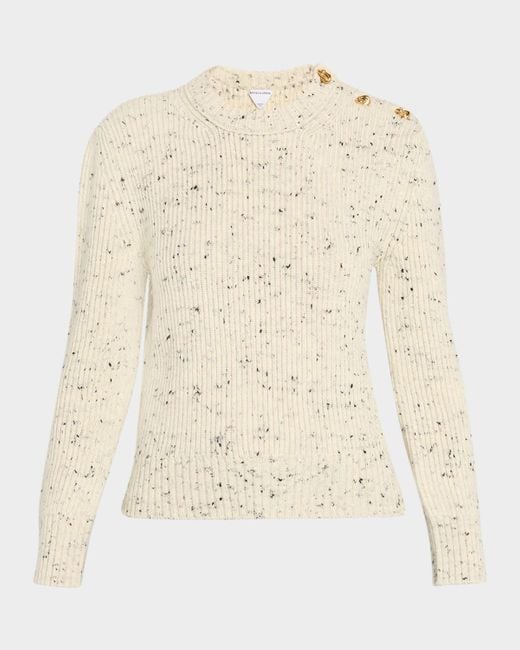 Bottega Veneta Natural Button-Shoulder Speckled Rib Crewneck Sweater