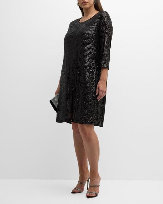 Caroline Rose Plus Black Plus Size Sequin 3/4-Sleeve A-Line Dress
