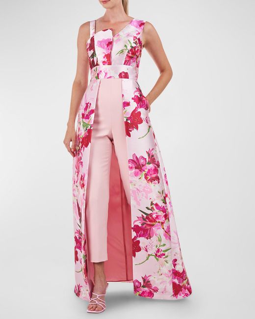 Kay Unger Pink Fleur Asymmetric Floral-print Walk-thru Jumpsuit