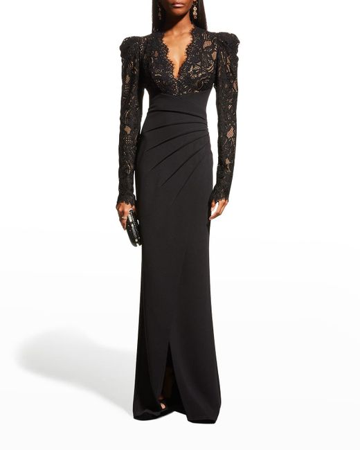 Tadashi Shoji Scallop Lace V-neck Long-sleeve Crepe Gown in Black | Lyst