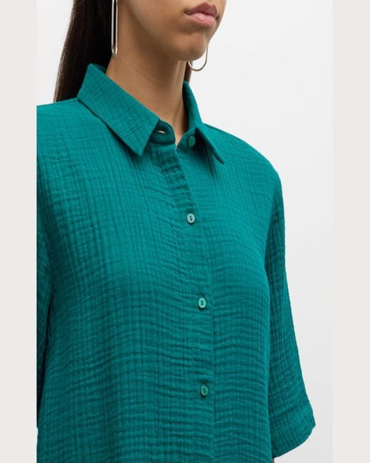 Eileen Fisher Green Button-Down Organic Cotton Gauze Shirt