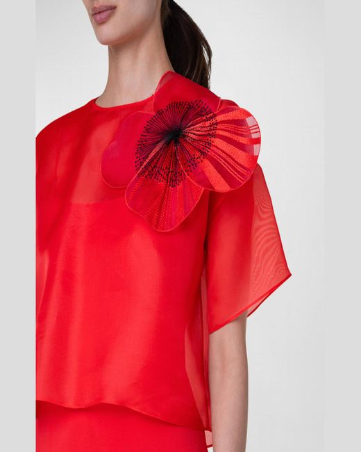 Akris Red Organza Cropped Blouse With Poppy Patch
