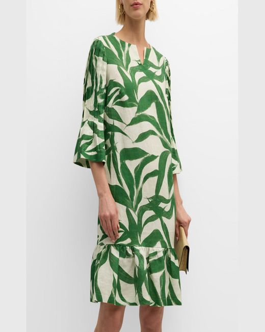 Teri Jon Green Leaf-Print Ruffle Linen Dress