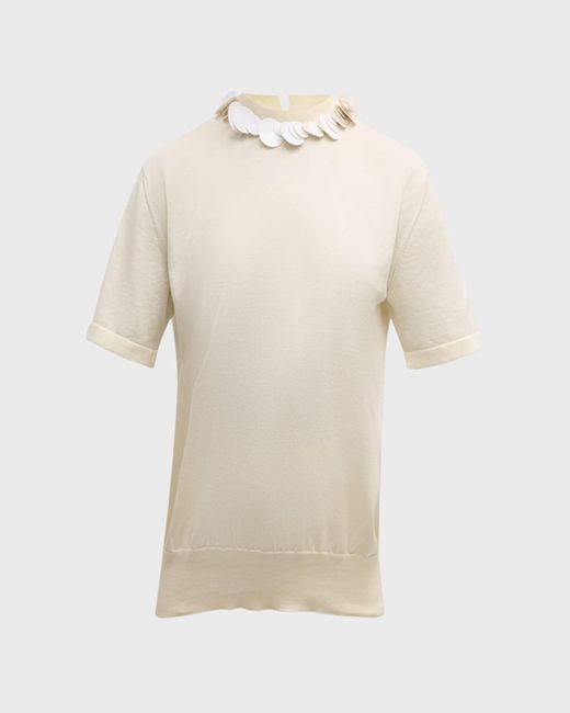 Jil Sander Natural Knit T-Shirt With Sequined Collar