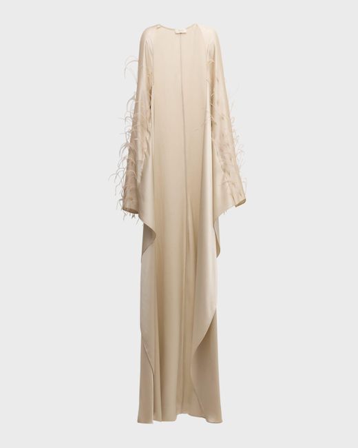 LAPOINTE Natural Feather-Embellished Doubleface Satin Long-Sleeve Caftan