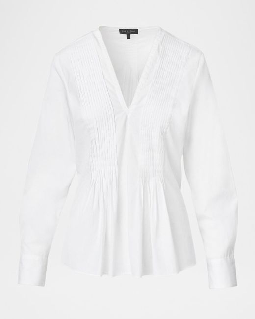 Rag & Bone White Asher Pleated Long-Sleeve Blouse