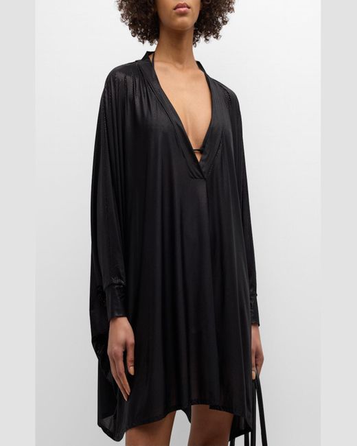 Balmain Black Shiny Jersey Kaftan Mini Dress