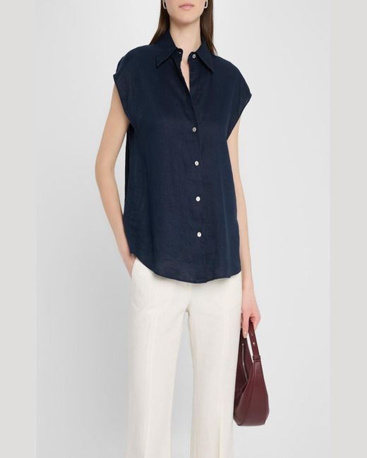 Vince Blue Cap-Sleeve Linen Button-Front Blouse