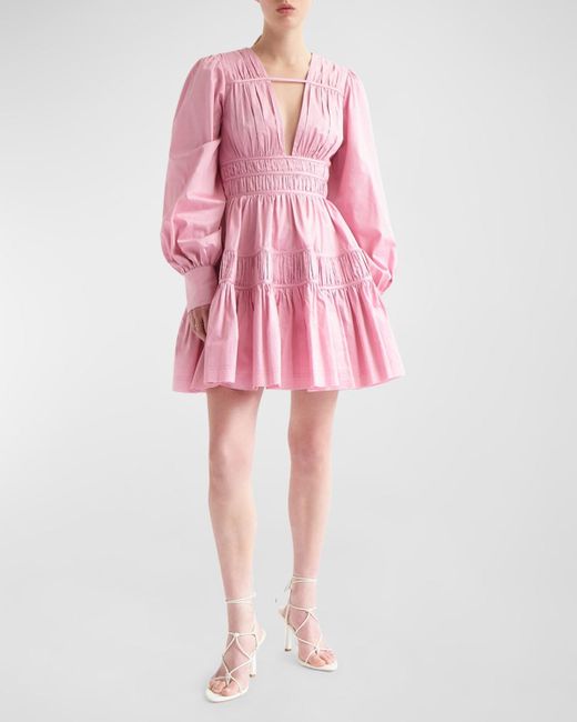 Aje. Pink Fallingwater Ruched Cotton Blouson-Sleeve Mini Dress