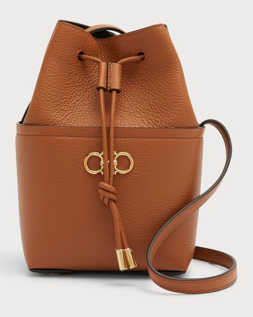 Ferragamo Brown Gancini Mini Drawstring Leather Bucket Bag