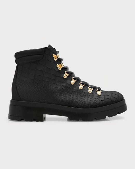 Giuseppe Zanotti Black Croc-Effect Leather Lace-Up Boots for men