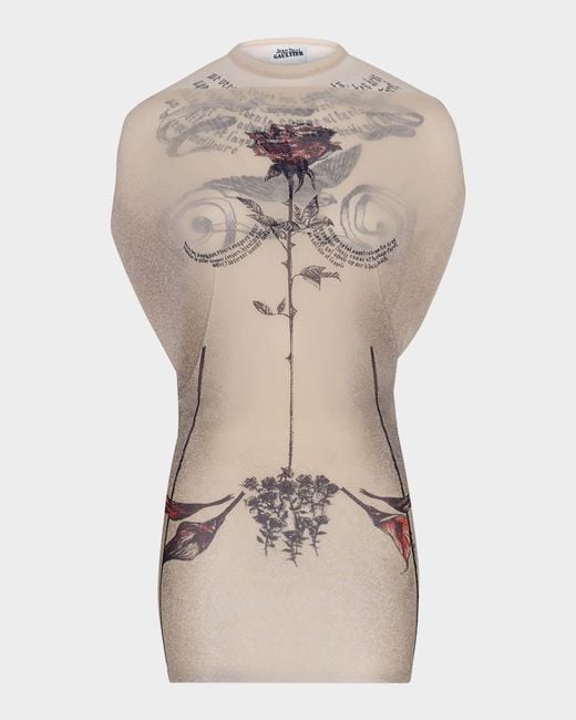 Jean Paul Gaultier Women's Natural Mesh Short Dress Double Layer Printed  Tattoo Rose