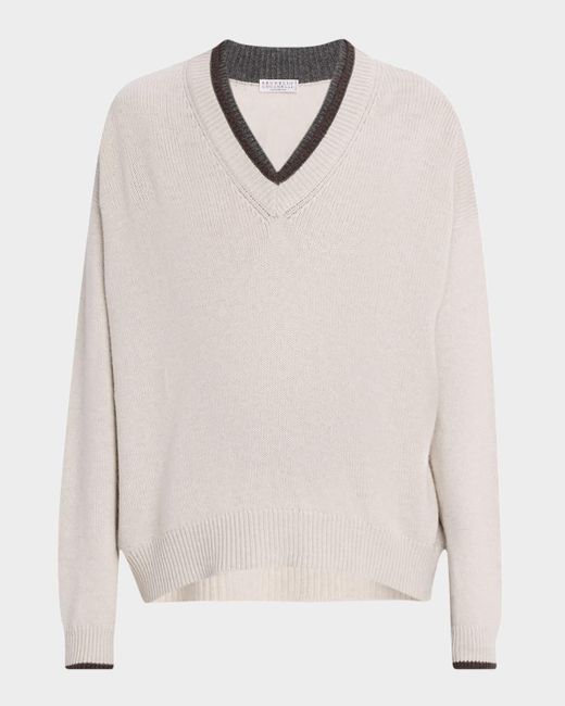 Brunello Cucinelli White Cashmere Contrast Stripe V-Neck Sweater