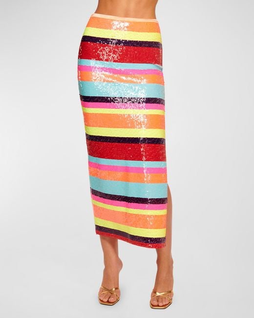 Ramy Brook Red Myrtie Sequined Striped Midi Skirt