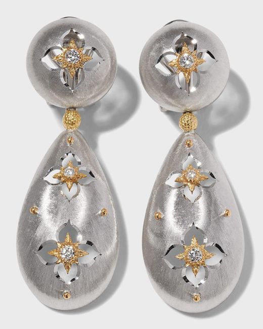 Buccellati Gray Macri Giglio 18k White & Yellow Gold Teardrop Earrings With Diamonds