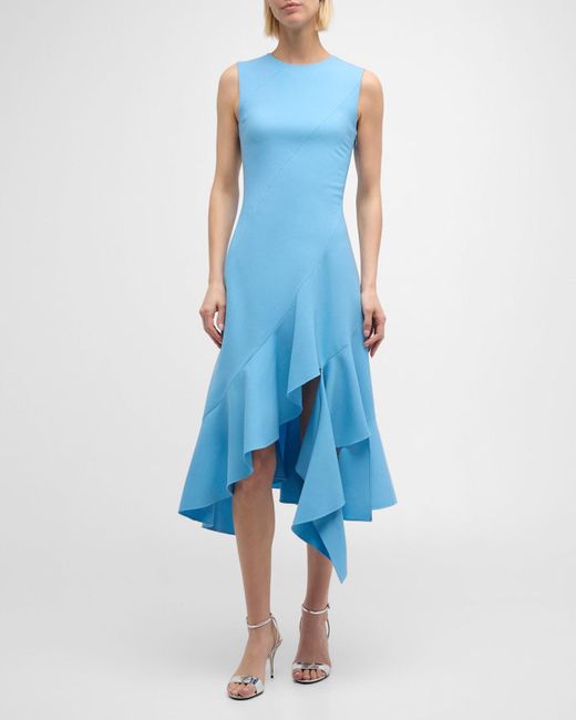 Oscar de la Renta Blue Sleeveless Jewel-Neck Asymmetric-Hem Midi Dress