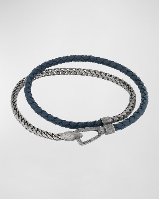 MARCO DAL MASO Blue Lash Double Wrap Leather Franco Chain Combo Bracelet With Push Clasp for men