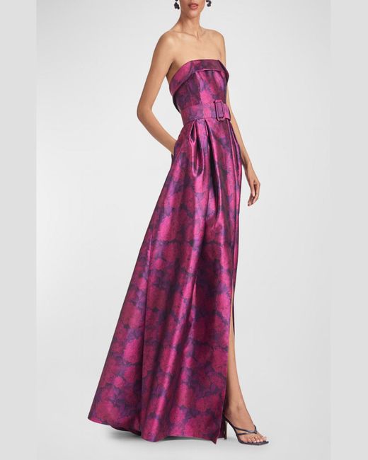 Sachin & Babi Purple Brielle Strapless Floral-Print Mikado Gown