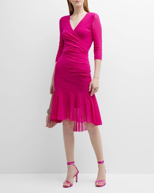 Fuzzi Pink Ruched 3/4-sleeve Faux Wrap Midi Dress