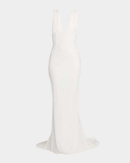 Stella McCartney White Plunging Sleeveless Sculpted Trumpet Gown