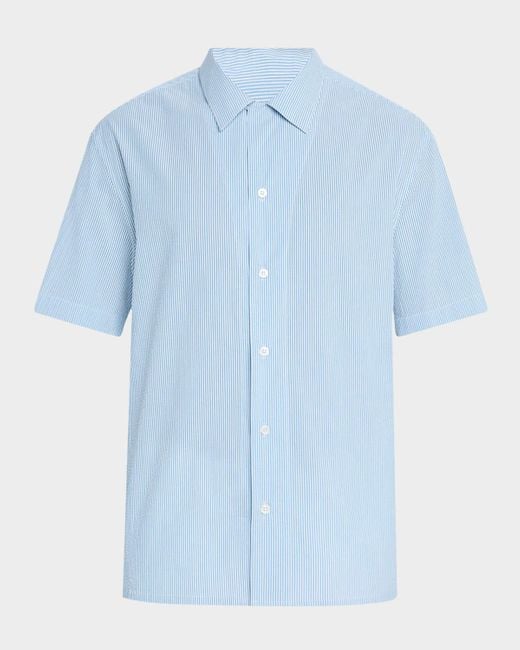 Brioni Blue Stripe Cotton Seersucker Short-Sleeve Shirt for men