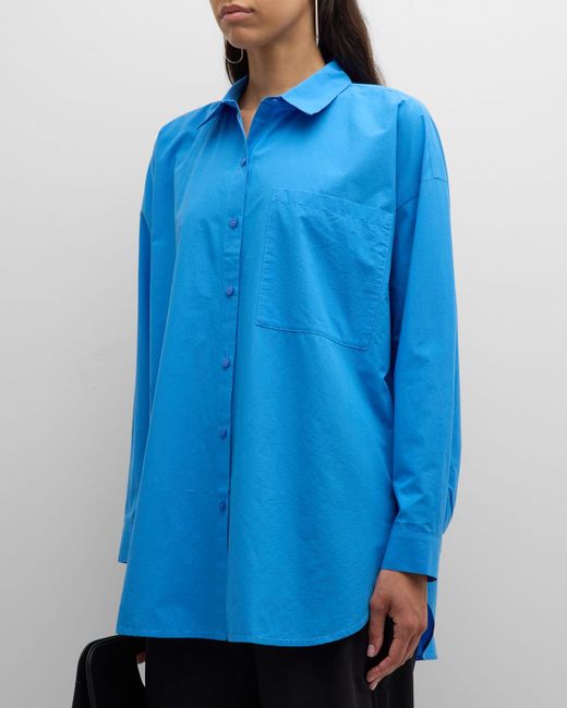 Eileen Fisher Blue Garment-Washed Organic Cotton Poplin Shirt