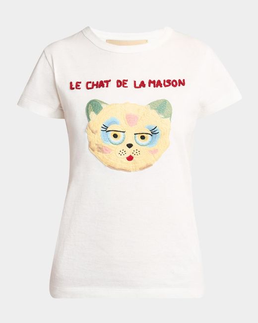 Valentino Garavani White Cat Embroidered Cotton Jersey Short-Sleeve T-Shirt