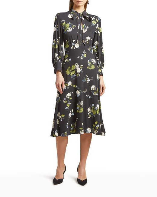Erdem Poppy Floral-print Neck-tie Jersey Midi Dress in Black | Lyst