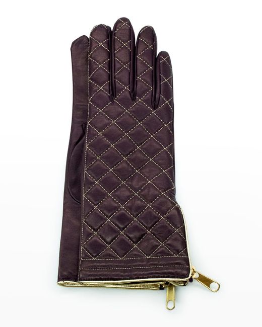Portolano Purple Diamond Quilted Cashmere-lined Zip Gloves
