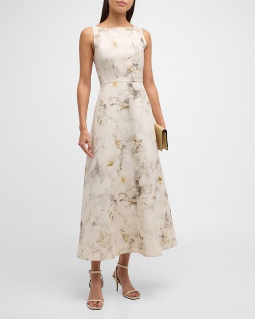 Lafayette 148 New York Natural Sleeveless Leaf-Print Silk-Linen Midi Dress