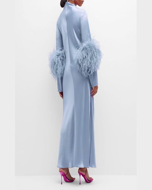 LAPOINTE Blue Feather-Trim Mock-Neck Long-Sleeve Slit Satin Bias Gown