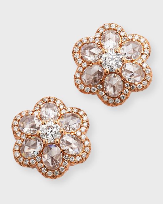 64 Facets White 18k Rose Gold Diamond Flower Stud Earrings