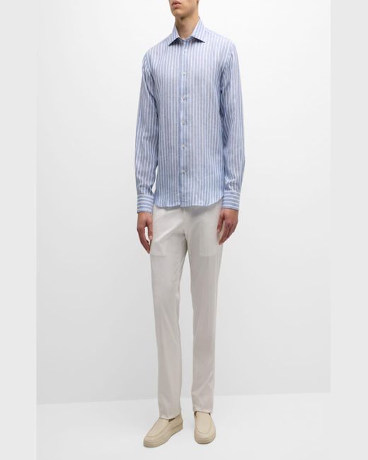 Baldassari Blue Linen Stripe Casual Button-Down Shirt for men