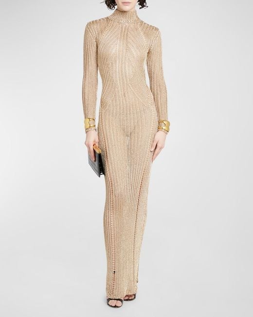 Tom Ford Natural Metallic Knit Turtleneck Long-Sleeve Open-Back Maxi Gown