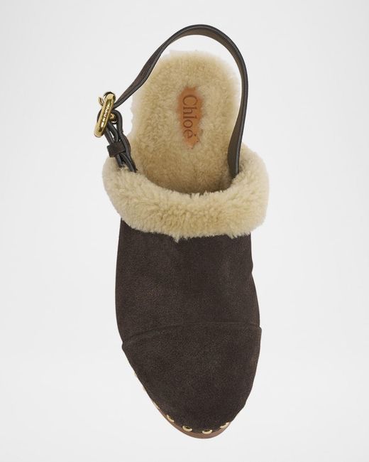 Chloé Brown Jeanette Suede Shearling-Lined Clogs