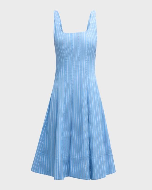 Staud Blue Wells Pinstripe Cotton Poplin Sleeveless Mini Dress