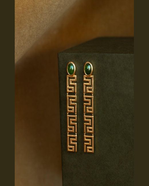Azlee Metallic Greek Pattern Emerald Long Drop Earrings