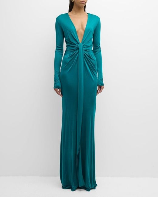 Roberto Cavalli Blue Plunging Draped Long-Sleeve Gown