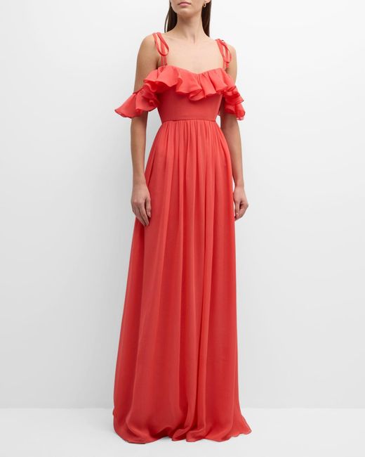 Giambattista Valli Red Ruffle Off-The-Shoulder Silk Georgette Gown