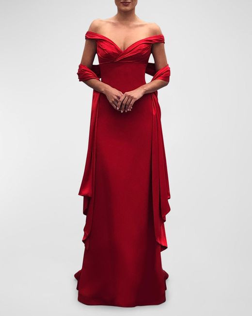 Romona Keveza Red Draped Empire-Waist Off-The-Shoulder Shawl Gown