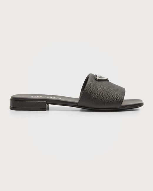 Prada Black Calfskin Logo Flat Slide Sandals