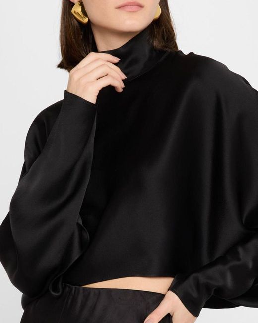 LAPOINTE Black Satin Crop Caftan Top