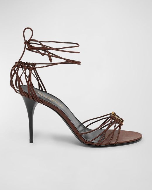 Saint Laurent Metallic Babylone Strappy Ysl Ankle-Tie Sandals