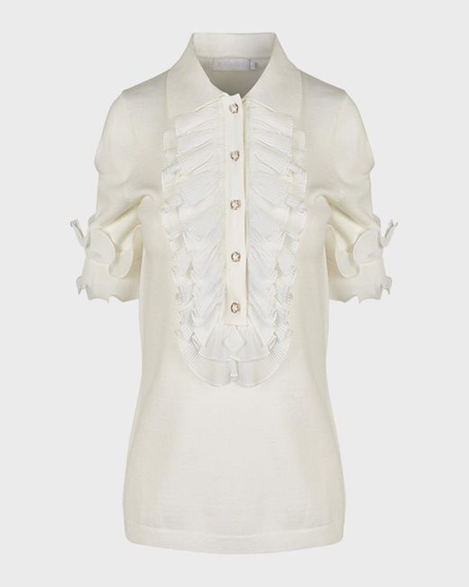 Anne Fontaine White Maelys Ruffle-Trim Knit Shirt