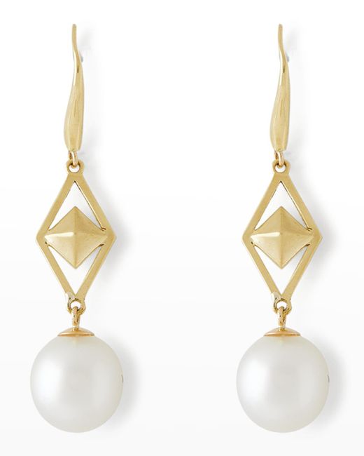 Pearls By Shari Metallic 18k Yellow Gold Cube And 10mm South Sea Pearl Hook Earrings