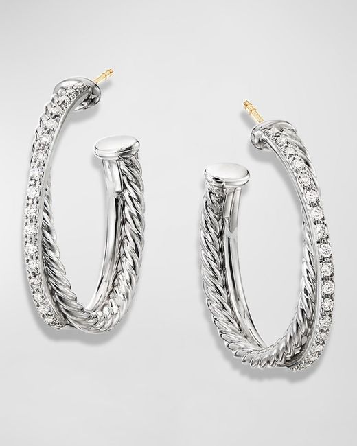 David Yurman Metallic Dy Crossover Medium Hoop Earrings W/ Diamonds