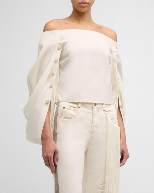 Hellessy Natural Orsay Off-Shoulder Blouse With Button Details