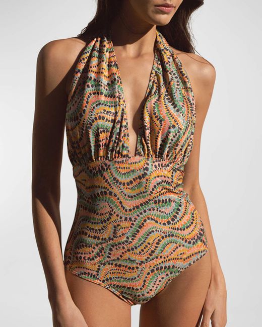 Shoshanna Brown Wave Printed Halter One-Piece Swimsuit